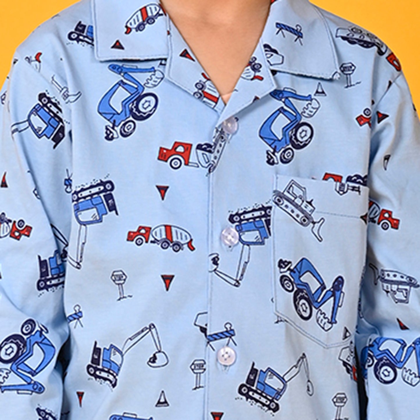 Coral Blue / Bulldozer Printed Full Sleeves Cotton Kids Night Suit image 3
