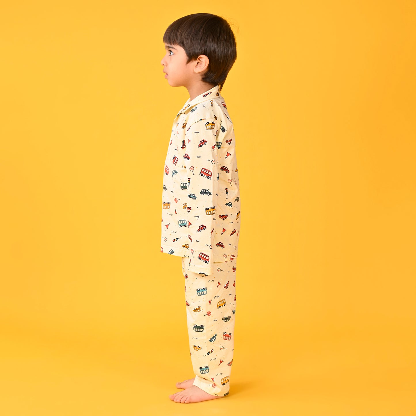 Cream Yellow / Car Printed Full Sleeves Cotton Kids Night Suit image 2