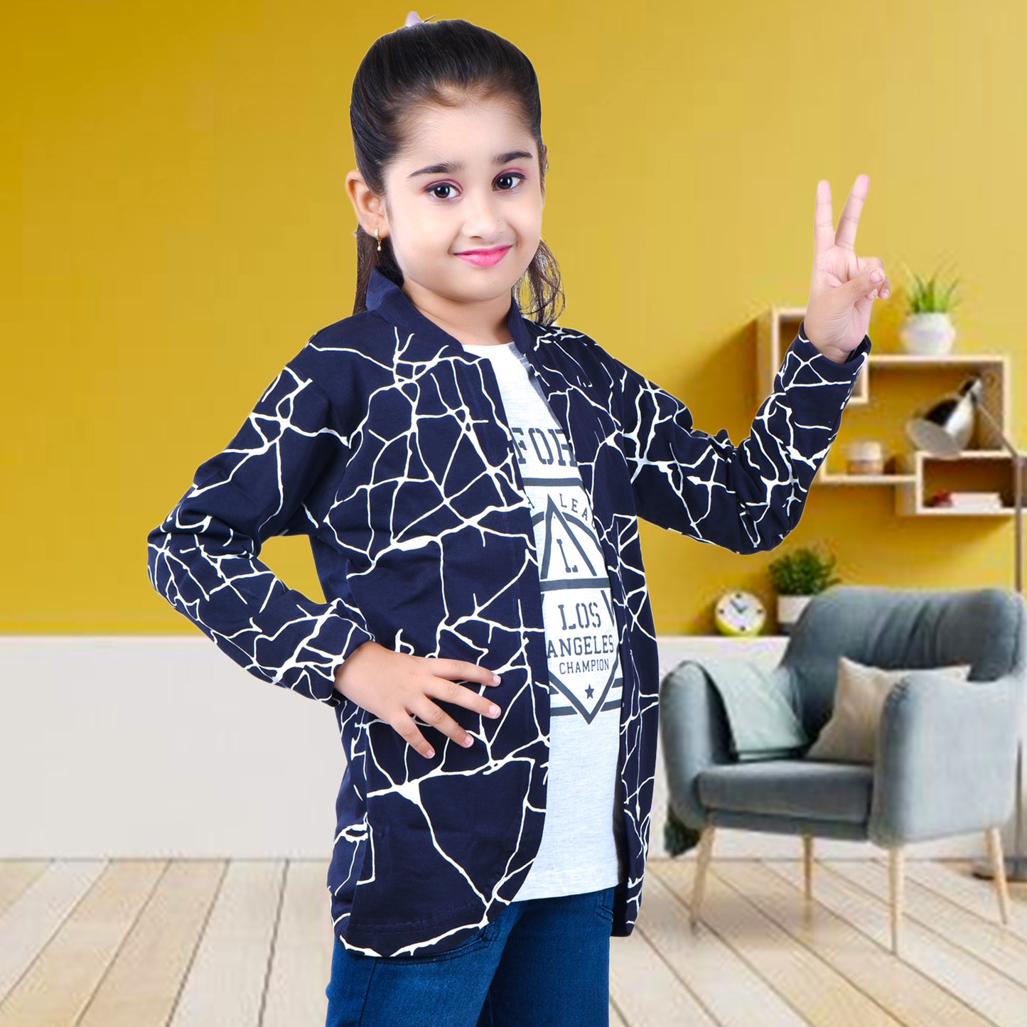 Navy Blue /Printed Full Sleeves Pure Cotton Girls T-shirt Attached with Shrug image 2