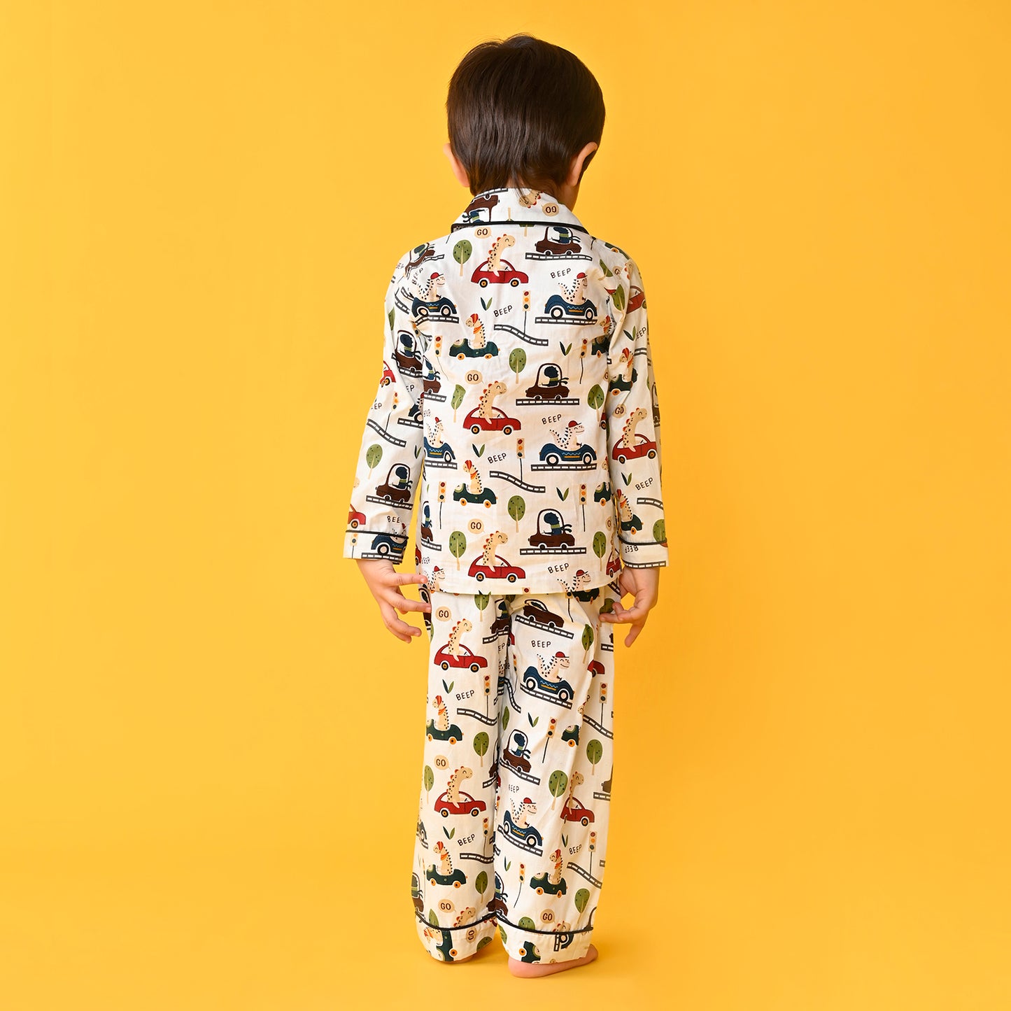 Off White / Car Printed Full Sleeves Cotton Kids Night Suit image 5