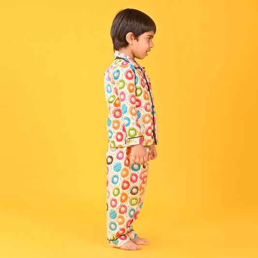 Multicolour / Donat Printed Full Sleeves Cotton Kids Night Suit image 1