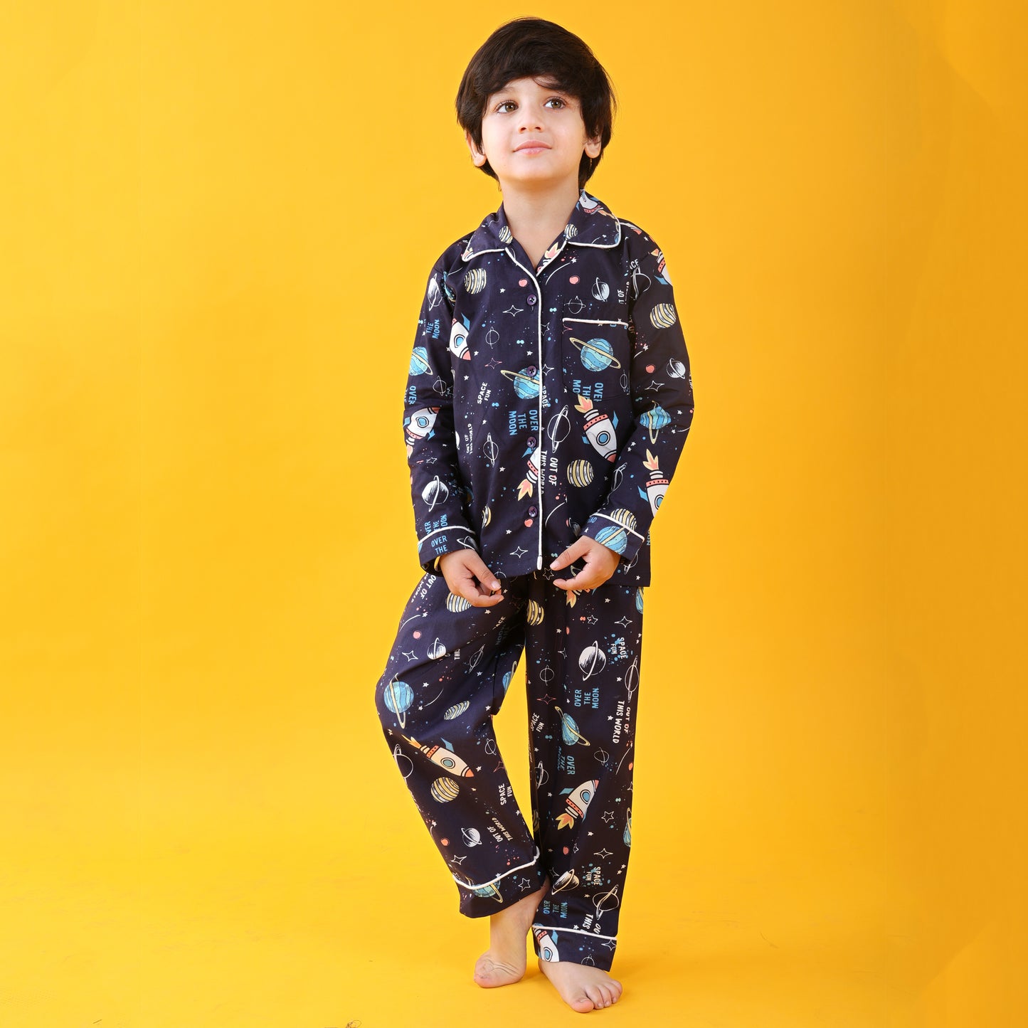 Navy Blue /Space Printed Full Sleeves Cotton kids Night Suit Set image 2