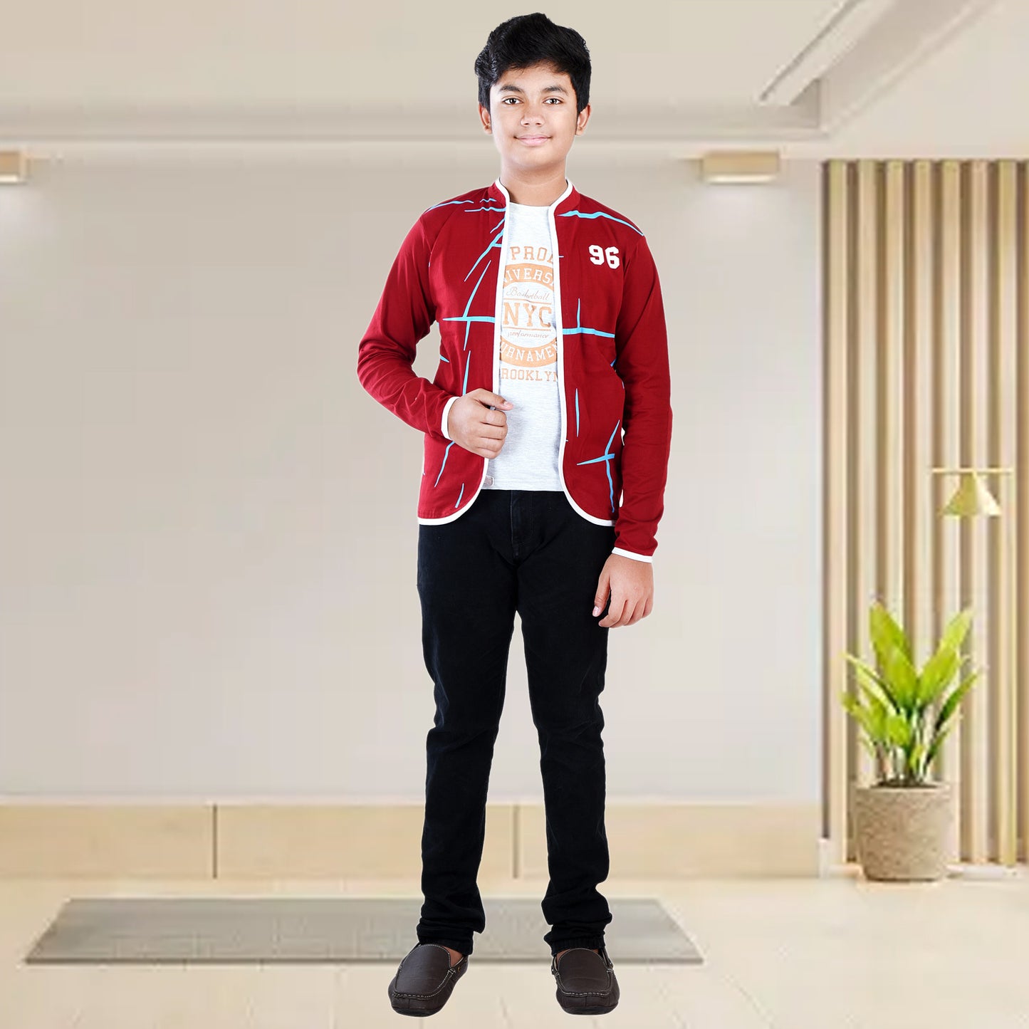 Maroon /Printed Full Sleeves Pure Cotton Boys T-shirt Attached with Shrug image 4