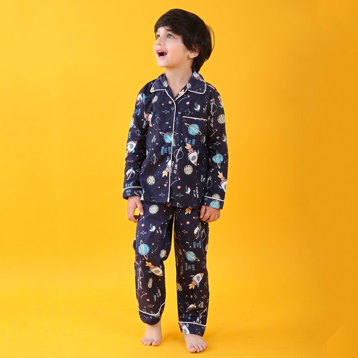 Navy Blue /Space Printed Full Sleeves Cotton kids Night Suit Set image 4