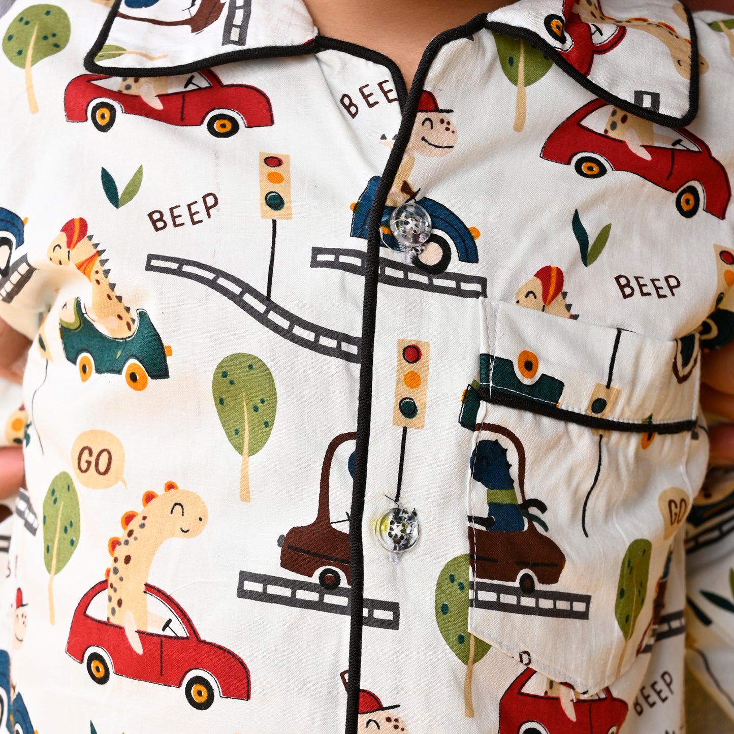 Off White / Car Printed Full Sleeves Cotton Kids Night Suit image 4