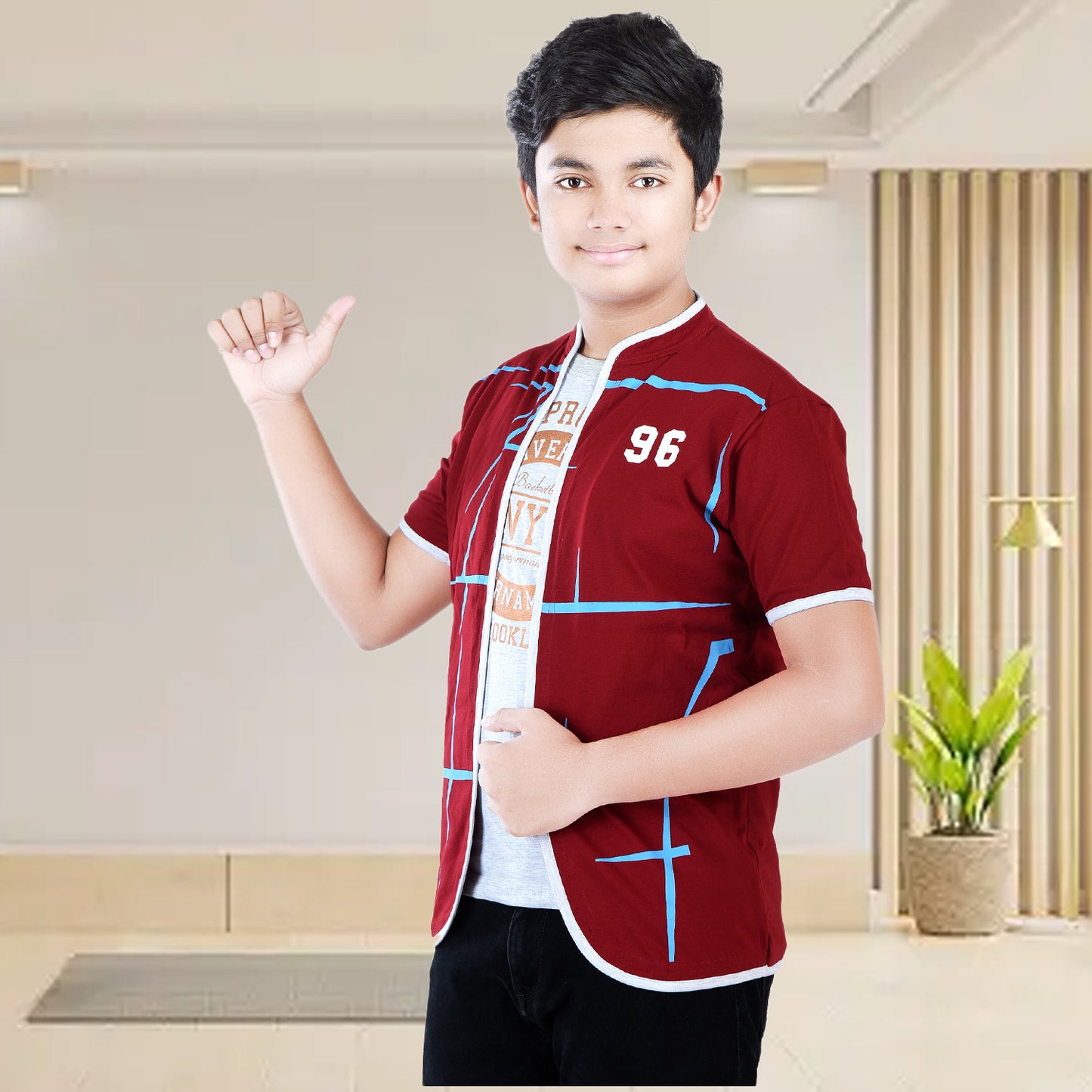Maroon /Printed Half Sleeves Pure Cotton Boys T-shirt Attached with Shrug image 3