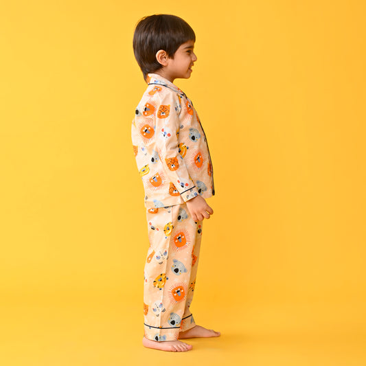 Peach Orange / Lion Printed Full Sleeves Cotton Kids Night Suit image 1