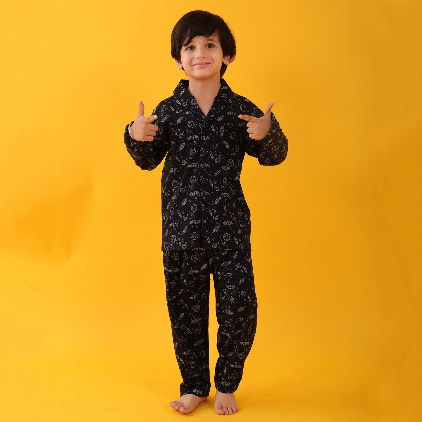 Hosiery Navy / Dark Galaxy Printed Full Sleeves Cotton kids Night Suit Set image 3