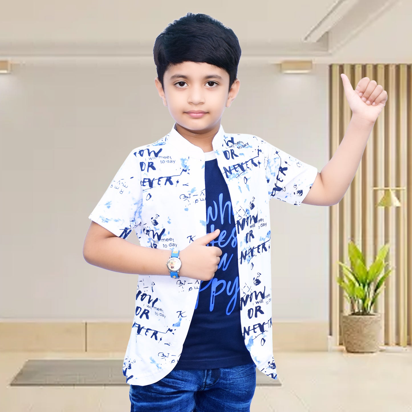 White /Printed Half Sleeves Pure Cotton Boys T-shirt Attached with Shrug image 2