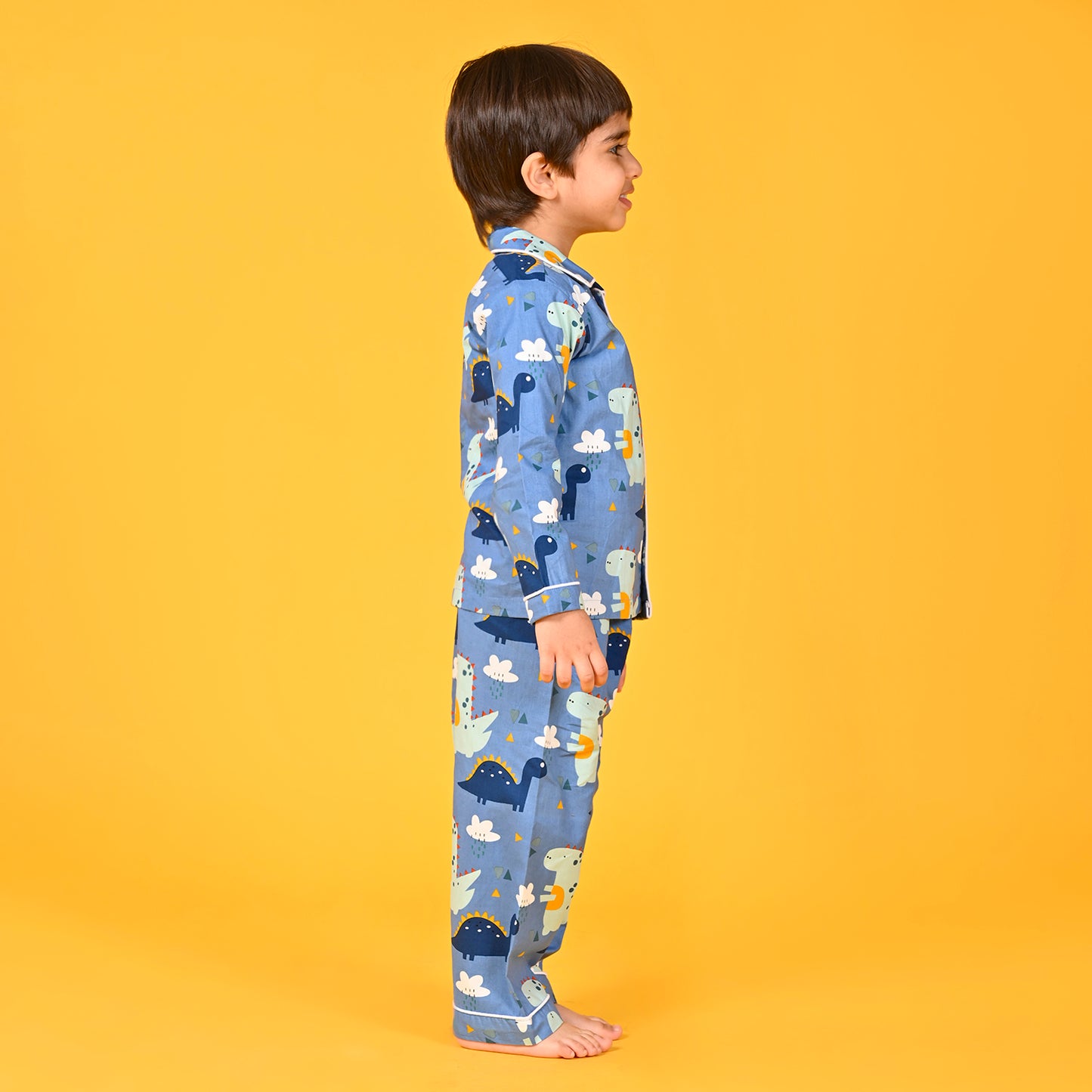 Horizan Blue / Dinosaur Printed Full Sleeves Cotton Kids Night Suit image 1