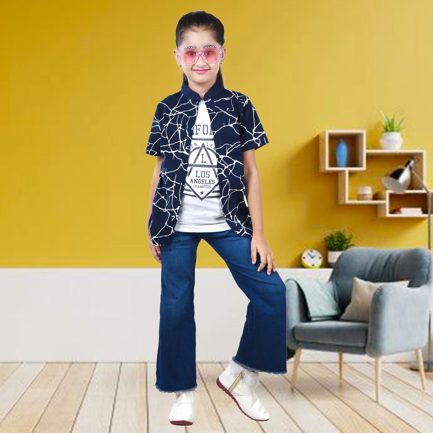 Navy Blue /Printed Half Sleeves Pure Cotton Girls T-shirt Attached with Shrug image 4