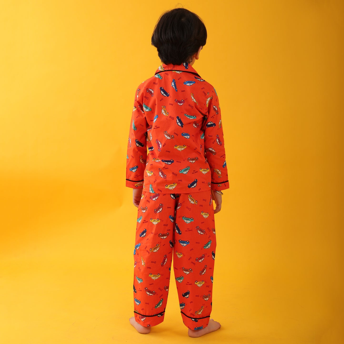 Orange /Car Printed Full Sleeves Cotton Kids Night Suit Set image 5