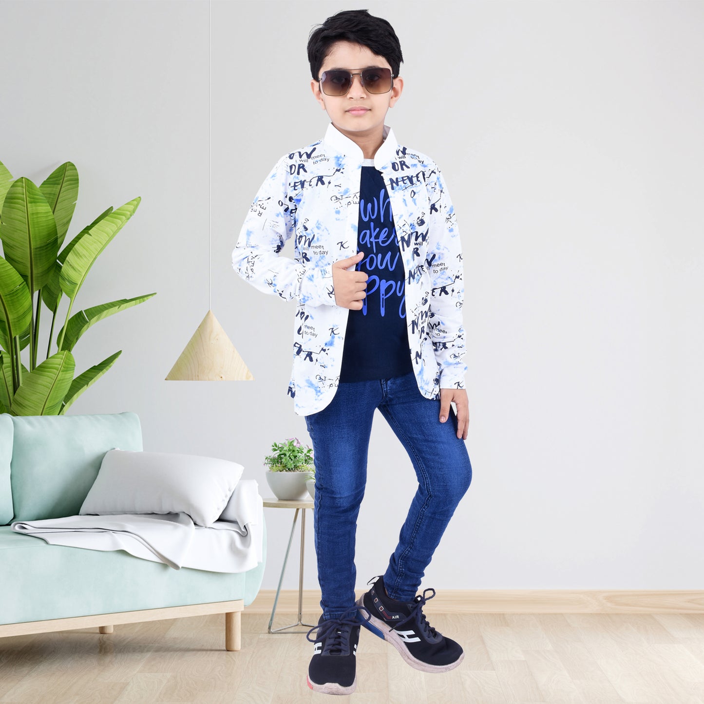 White /Printed Full Sleeves Pure Cotton Boys T-shirt Attached with Shrug image 4