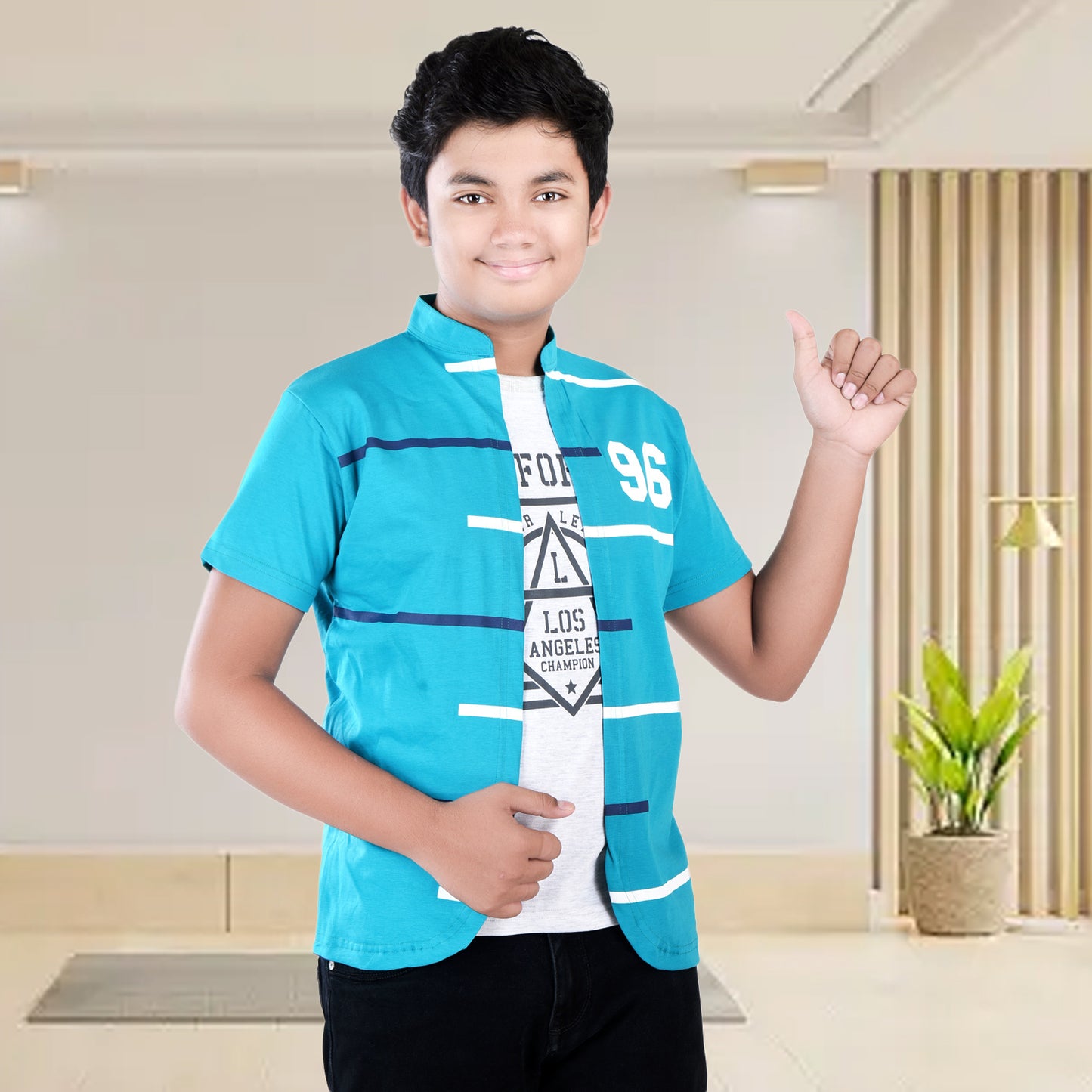 Green /Printed Half Sleeves Pure Cotton Boys T-shirt Attached with Shrug image 2