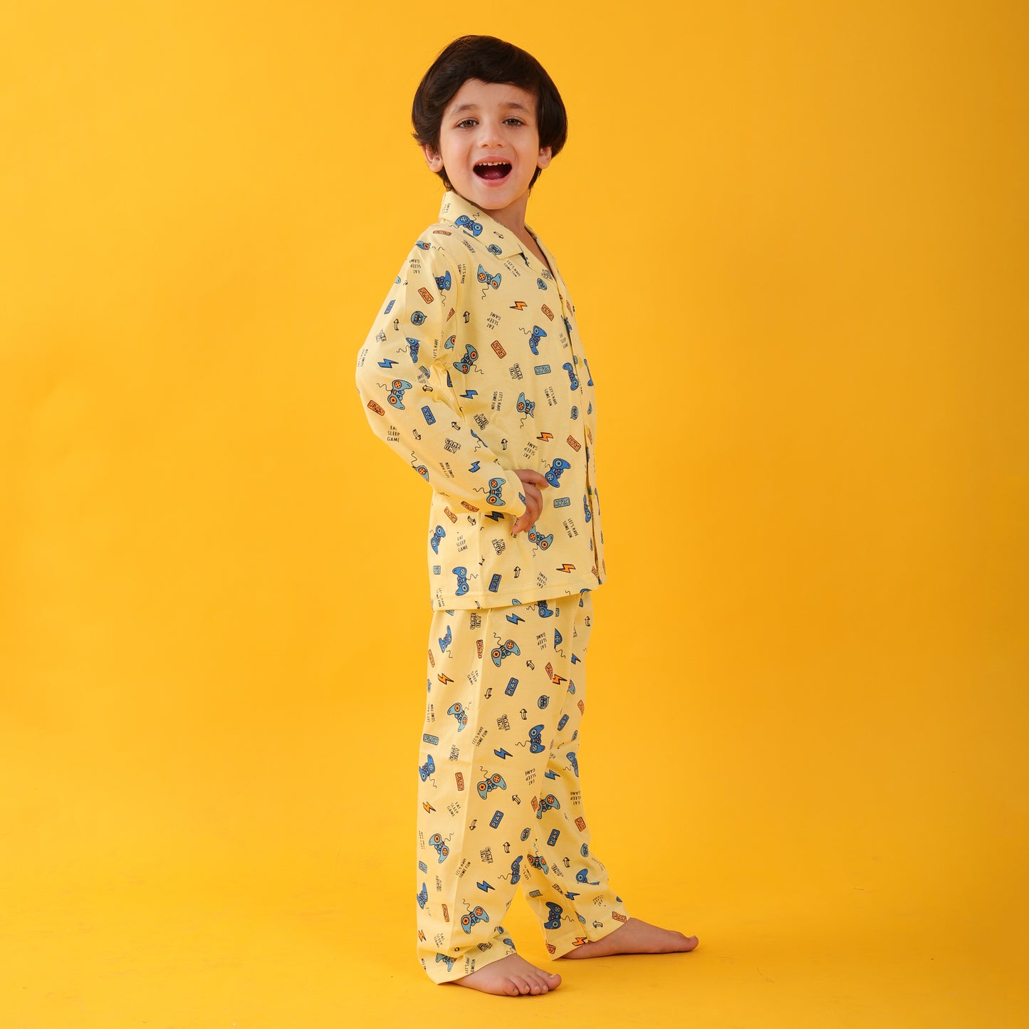 Hosiery Yellow / Joystick Printed Full Sleeves Cotton kids Night Suit Set image 2