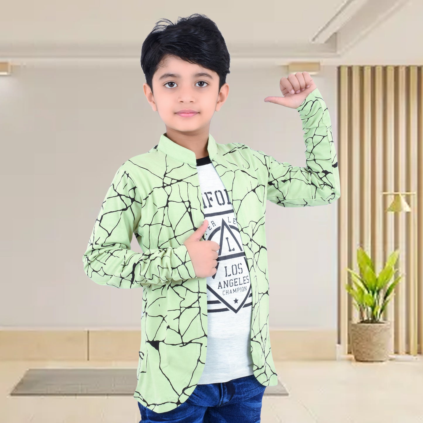 Pista Green /Printed Full Sleeves Pure Cotton Boys T-shirt Attached with Shrug image 2