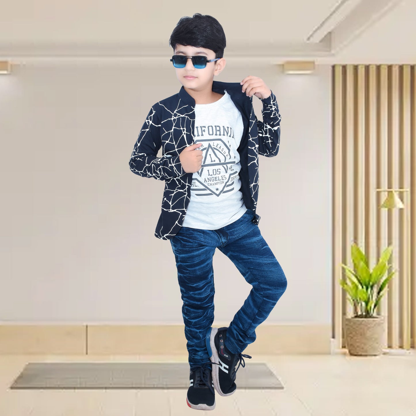 Navy Blue /Printed Full Sleeves Pure Cotton Boys T-shirt Attached with Shrug image 4