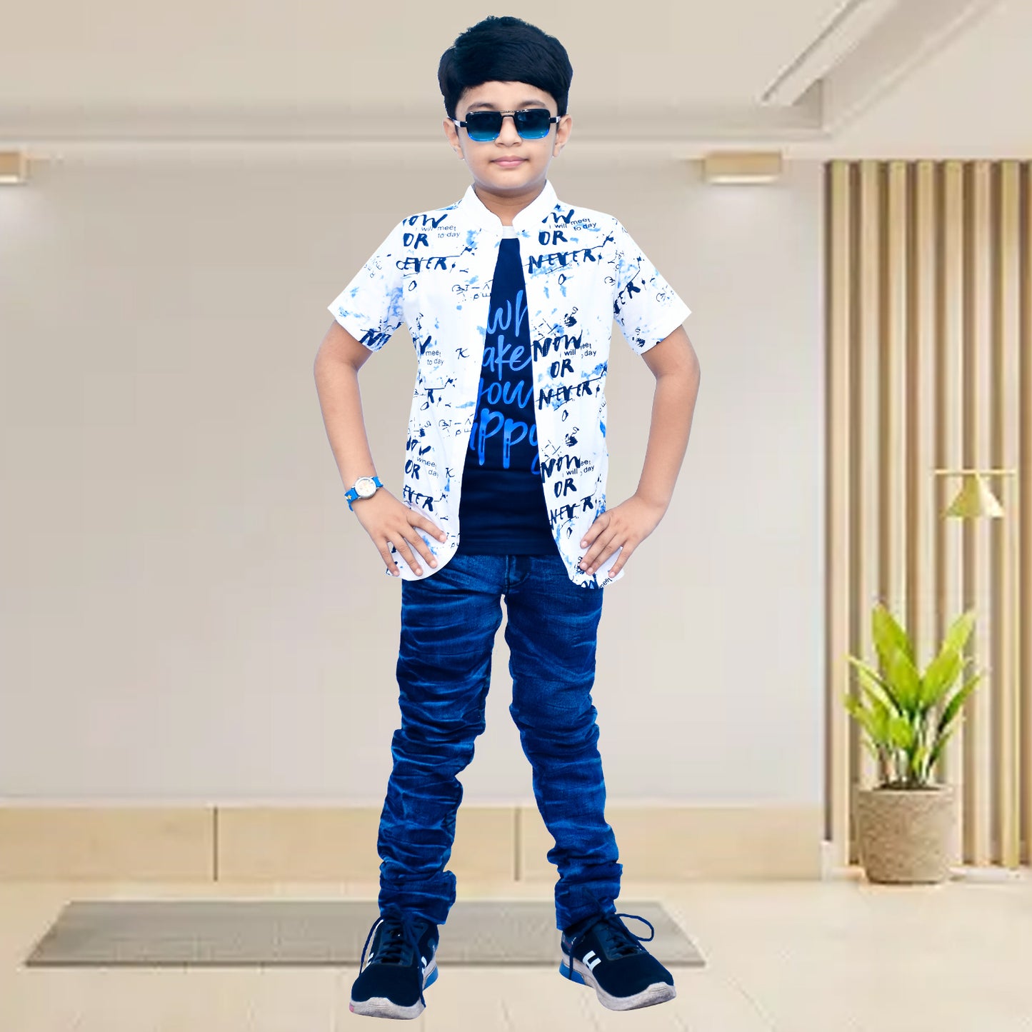 White /Printed Half Sleeves Pure Cotton Boys T-shirt Attached with Shrug image 5
