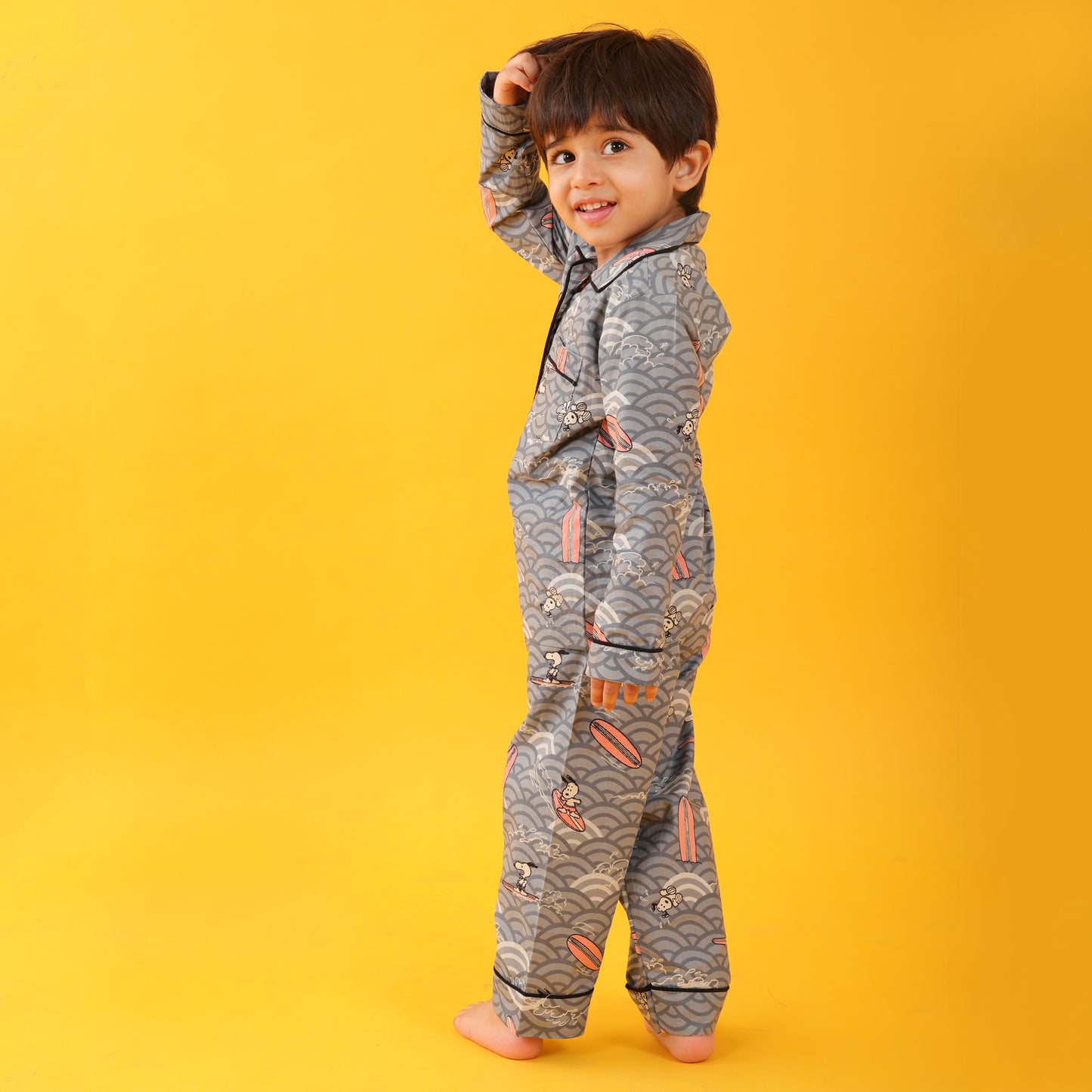 Textile Grey / Ice Skating Printed Full Sleeves Cotton kids Night Suit Set image 4