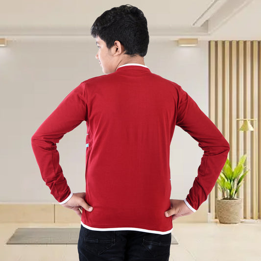 Maroon /Printed Full Sleeves Pure Cotton Boys T-shirt Attached with Shrug image 1