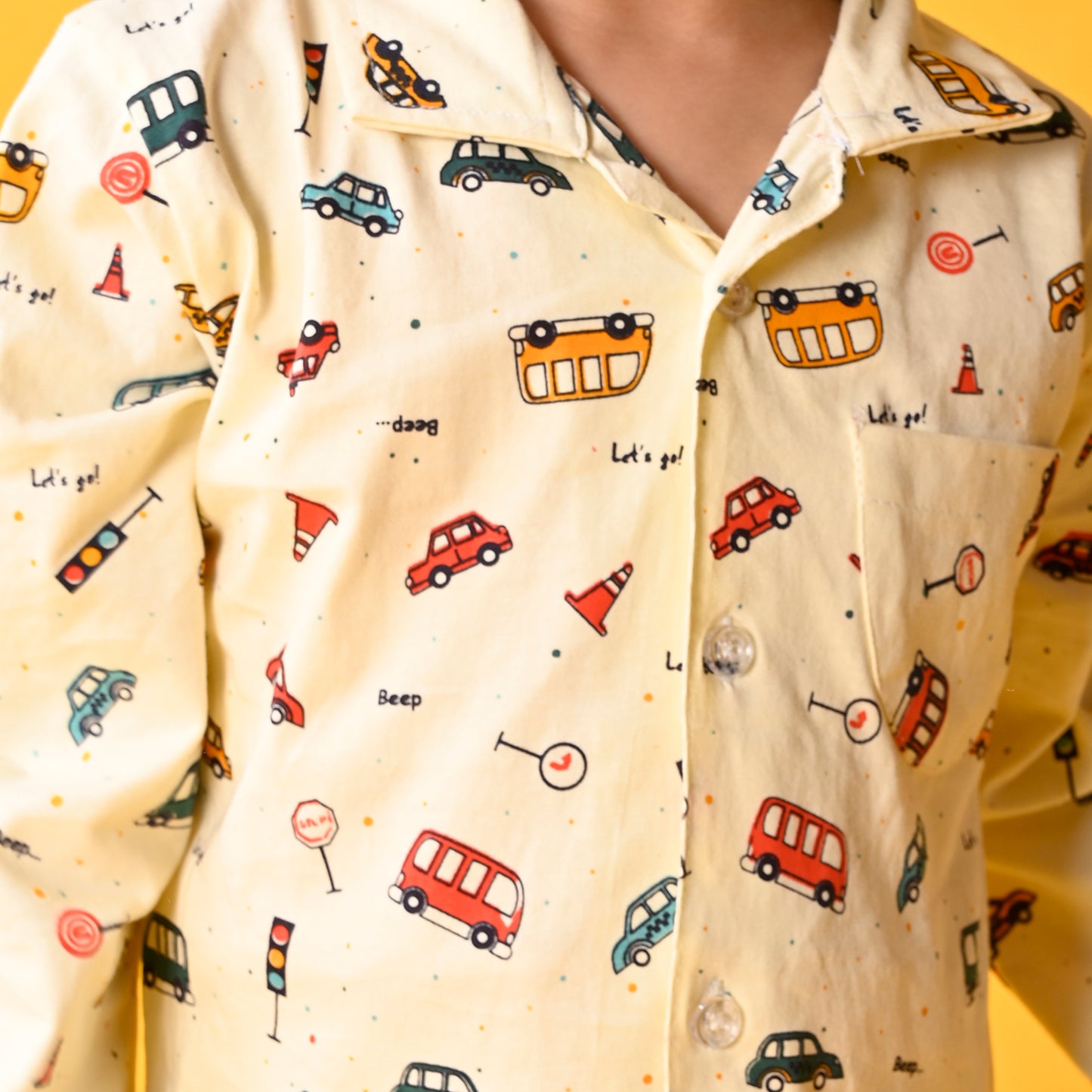 Cream Yellow / Car Printed Full Sleeves Cotton Kids Night Suit image 4