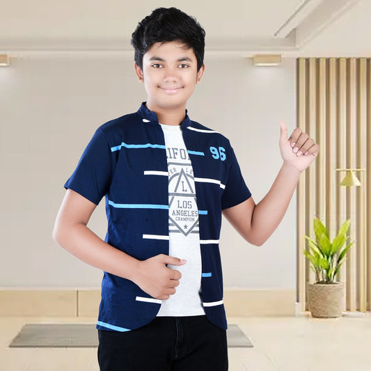 Navy Blue /Printed Half Sleeves Pure Cotton Boys T-shirt Attached with Shrug image 2
