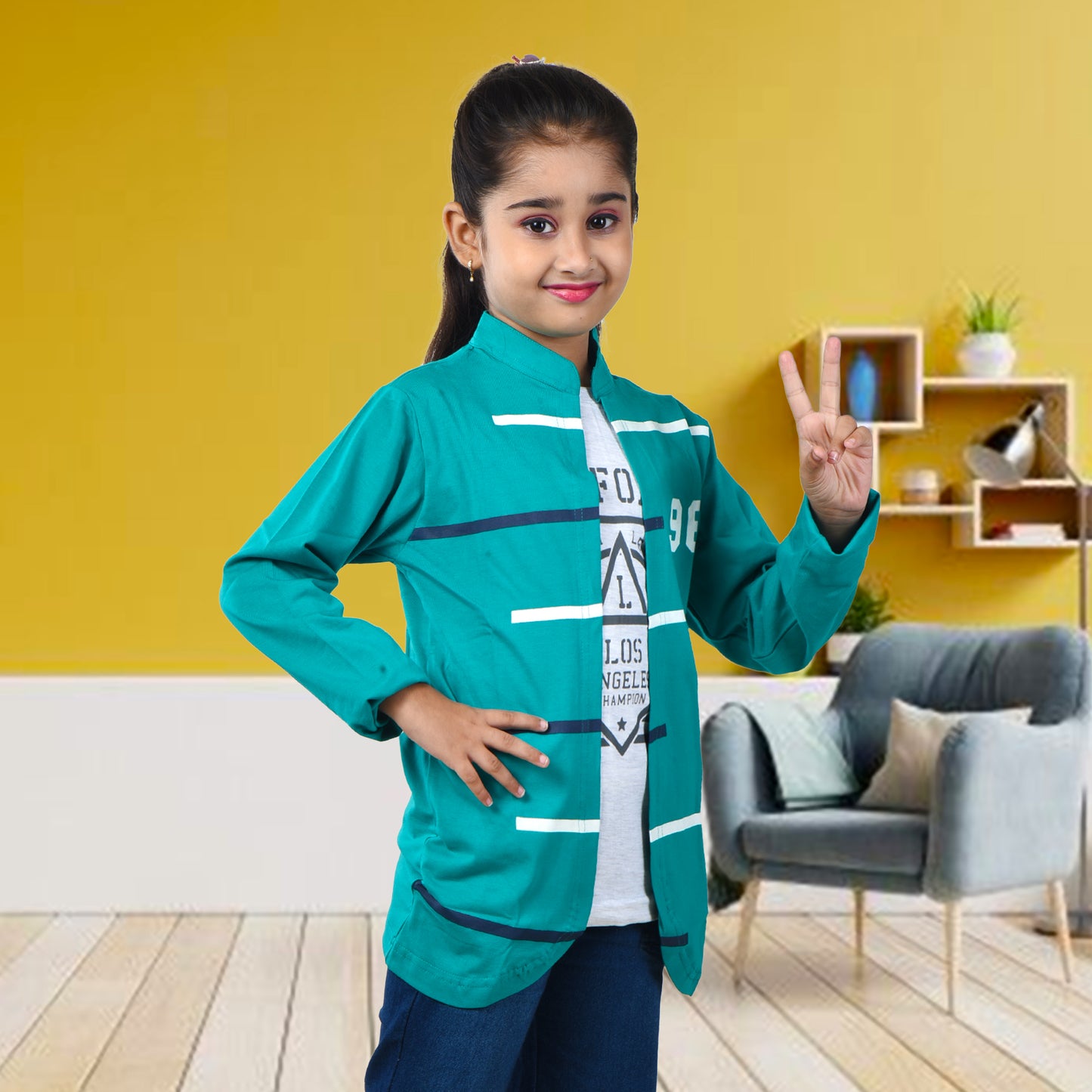 Green /Printed Full Sleeves Pure Cotton Girls T-shirt Attached with Shrug image 3