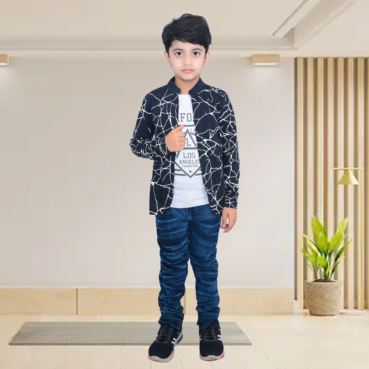 Navy Blue /Printed Full Sleeves Pure Cotton Boys T-shirt Attached with Shrug image 3