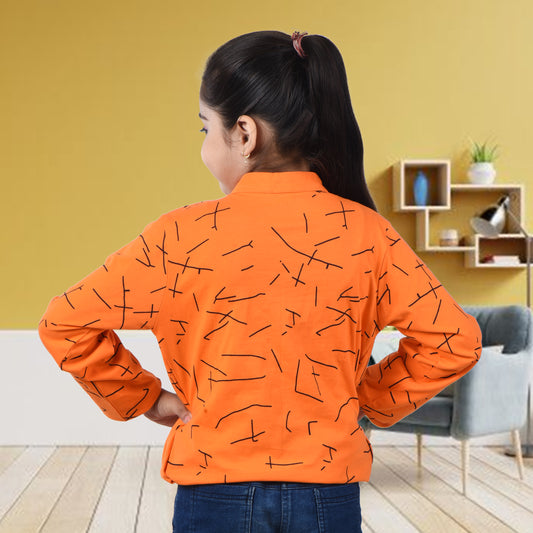 Orange /Printed Full Sleeves Pure Cotton Girls T-shirt Attached with Shrug image 1