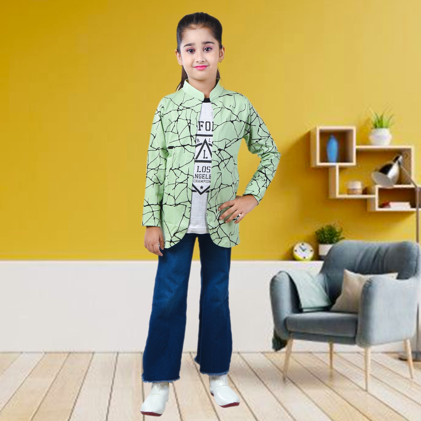 Pista Green /Printed Full Sleeves Pure Cotton Girls T-shirt Attached with Shrug image 3