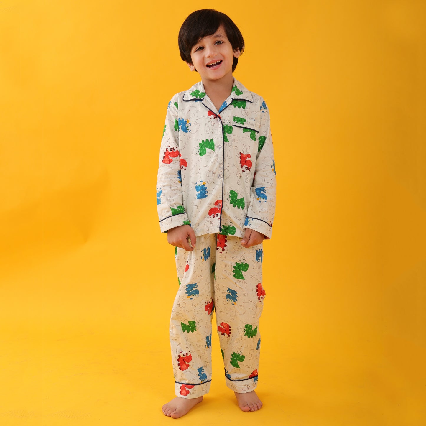 Textile White / Dragons Printed Full Sleeves Cotton kids Night Suit Set image 0