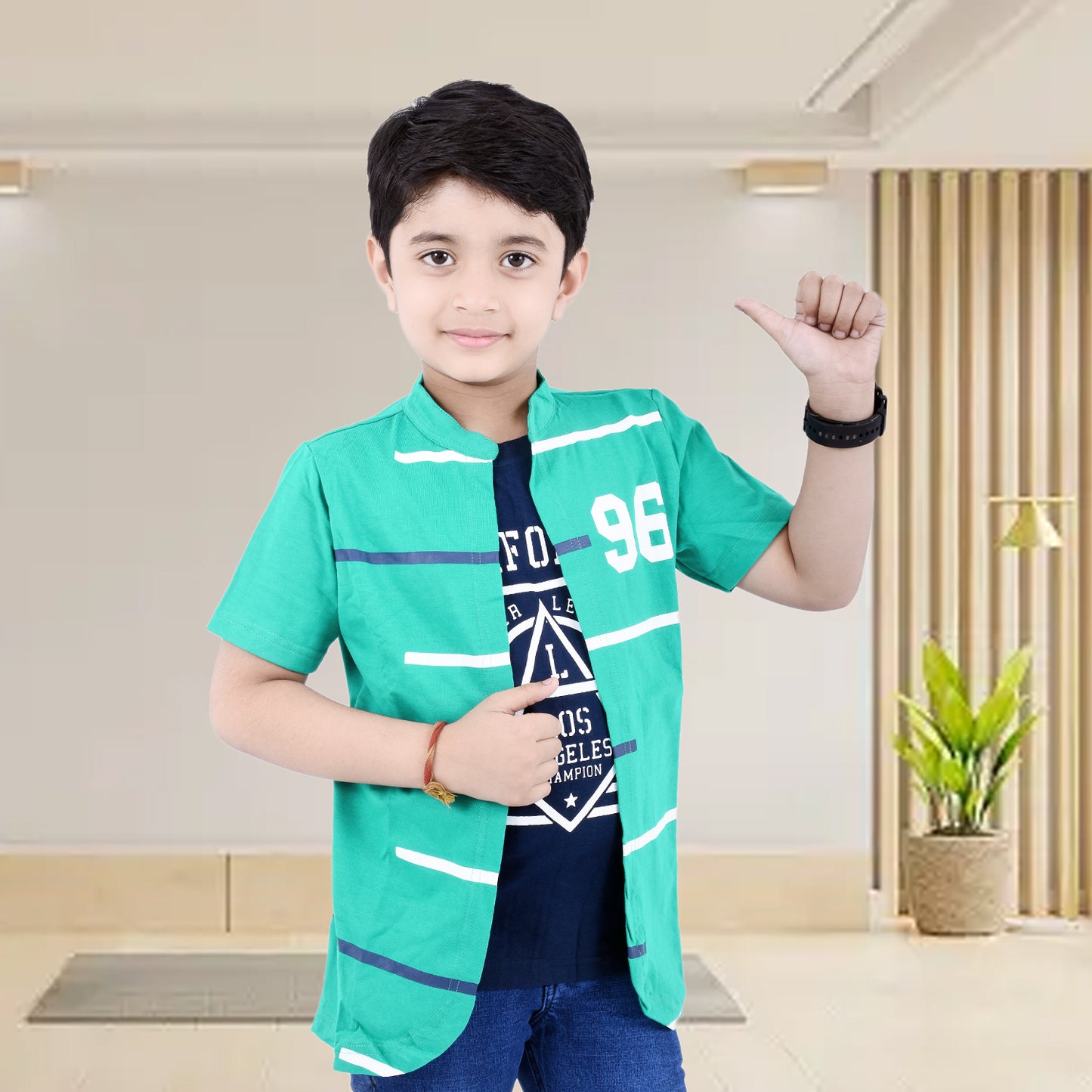 Rama Green /Printed Half Sleeves Pure Cotton Boys T-shirt Attached with Shrug image 2