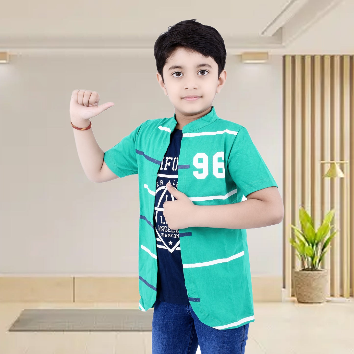 Rama Green /Printed Half Sleeves Pure Cotton Boys T-shirt Attached with Shrug image 3