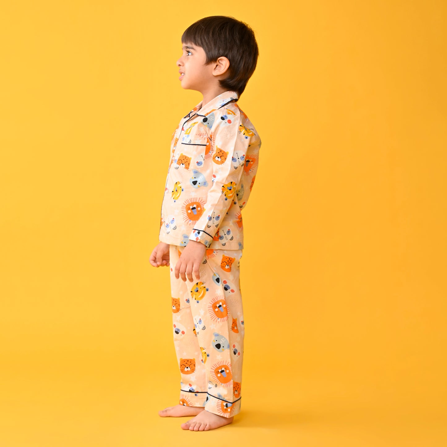Peach Orange / Lion Printed Full Sleeves Cotton Kids Night Suit image 2