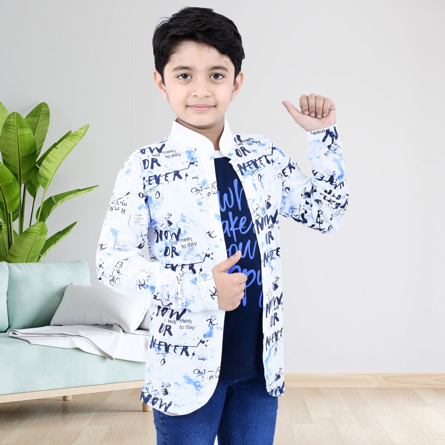 White /Printed Full Sleeves Pure Cotton Boys T-shirt Attached with Shrug image 2