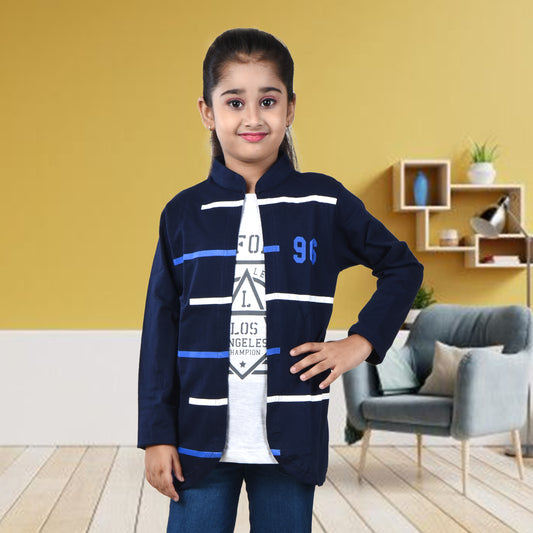 Navy Blue /Printed Full Sleeves Pure Cotton Girls T-shirt Attached with Shrug image 2