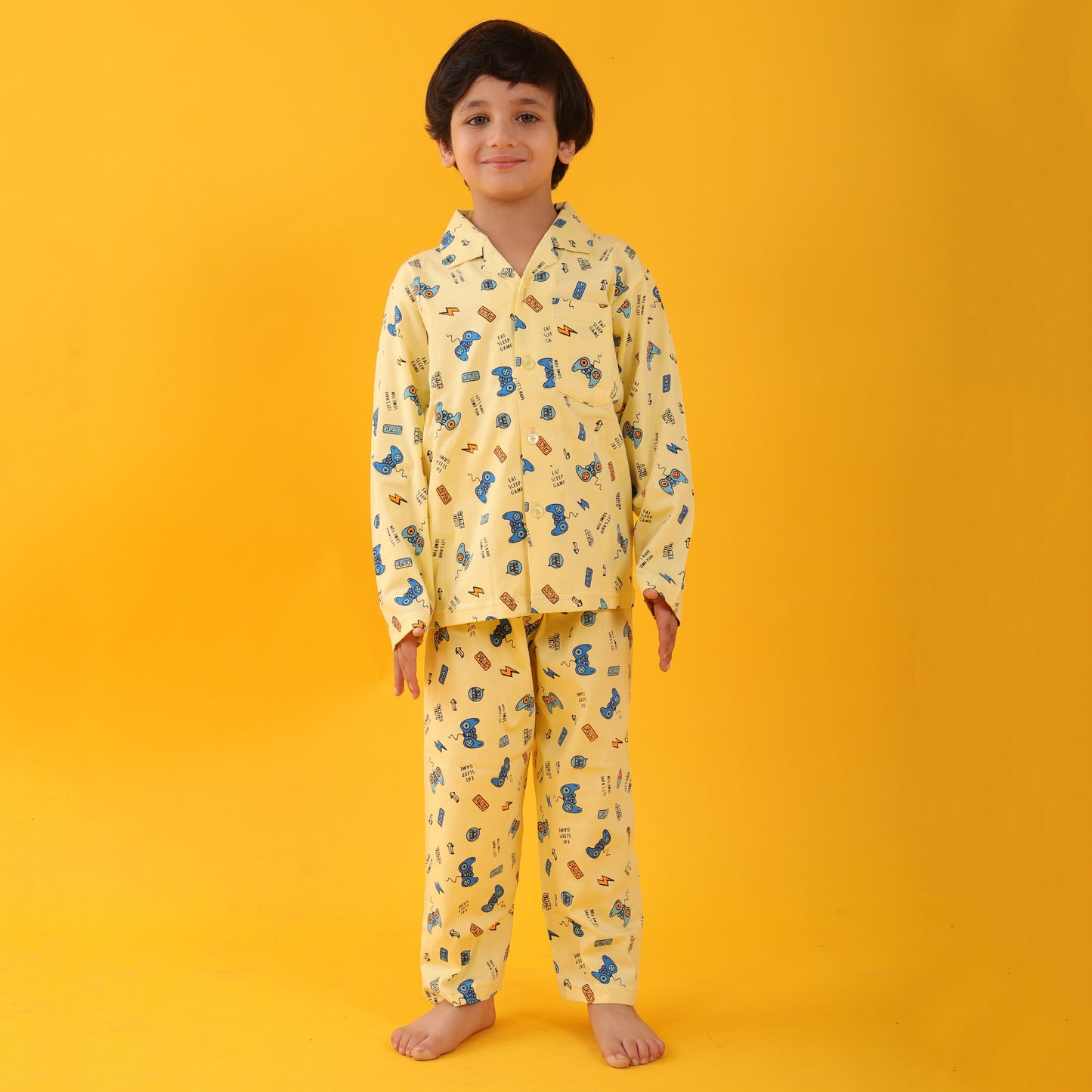 Hosiery Yellow / Joystick Printed Full Sleeves Cotton kids Night Suit Set image 0