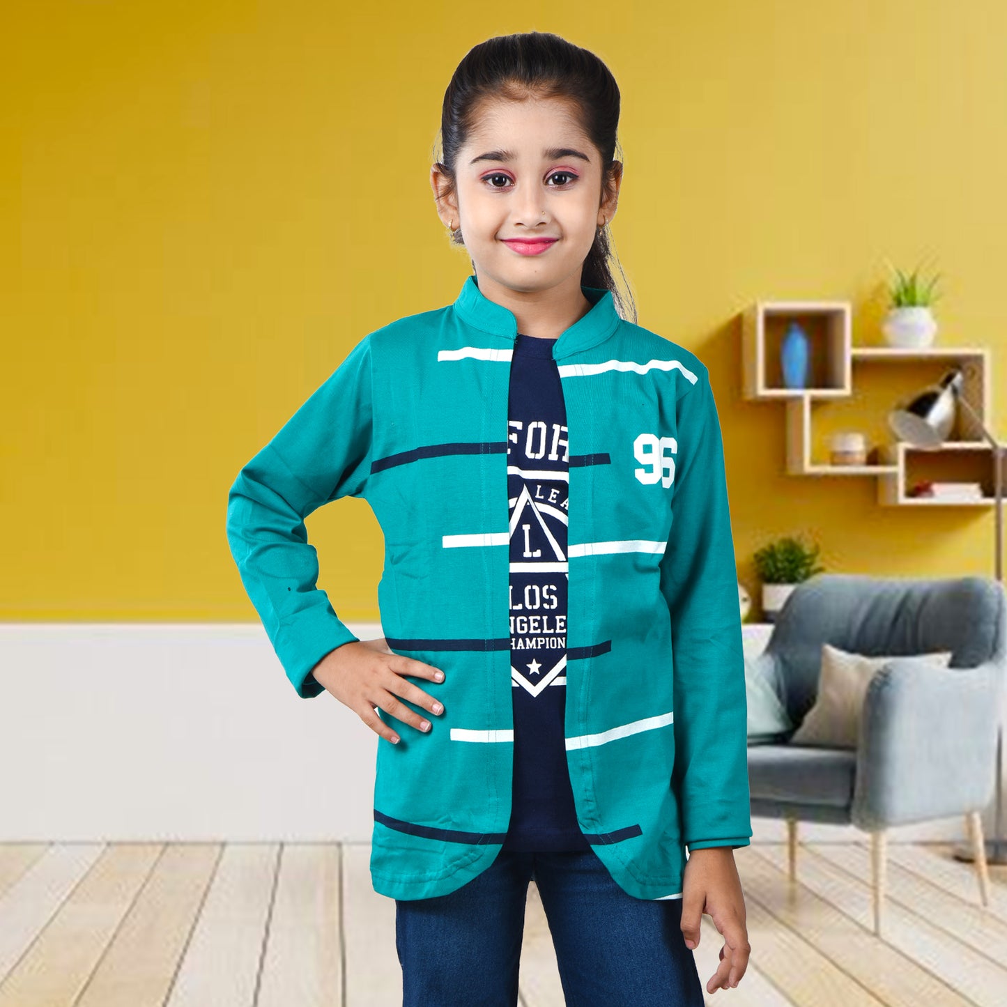Rama Green /Printed Full Sleeves Pure Cotton Girls T-shirt Attached with Shrug image 0