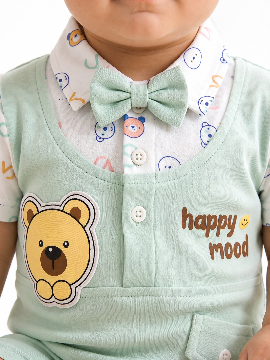 Baby Boy Romper with Bow Tie and Bear Patch - Green