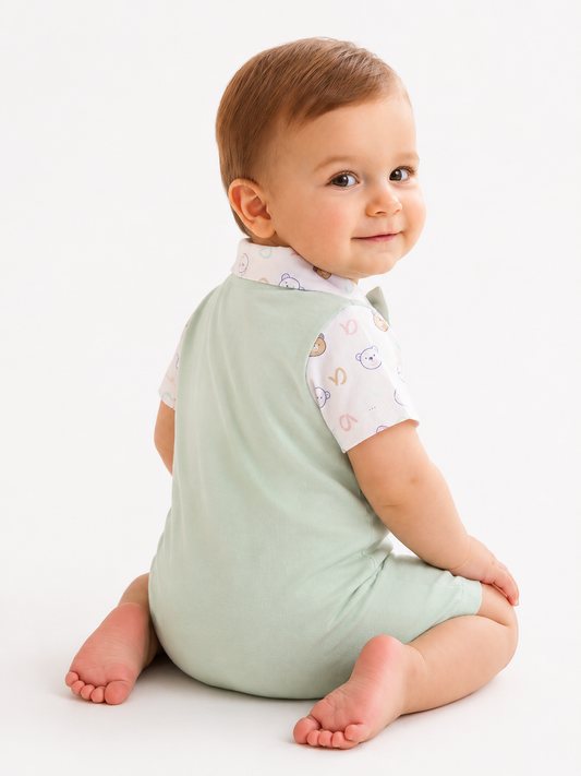 Baby Boy Romper with Bow Tie and Bear Patch - Green