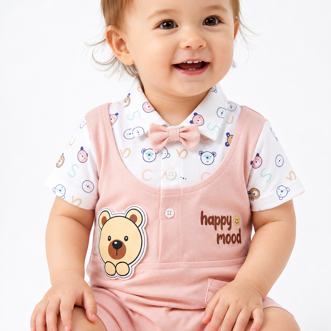 Baby Boy Romper with Bow Tie and Bear Patch Green & Pink Combo