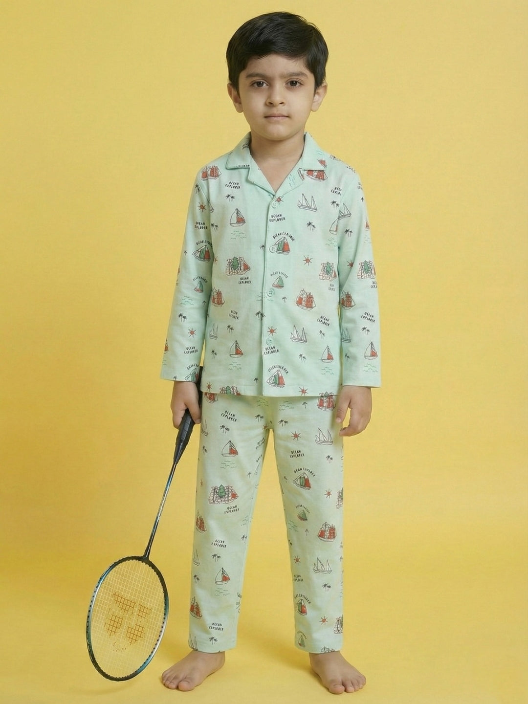Green Graphic Printed Full Sleeves Nightsuit for Boys