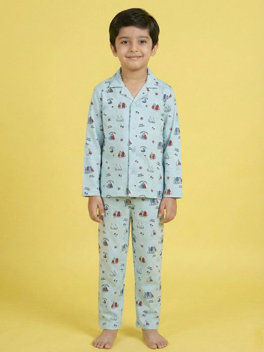 Turquoise Blue Graphic Printed Full Sleeves Nightsuit for Boys