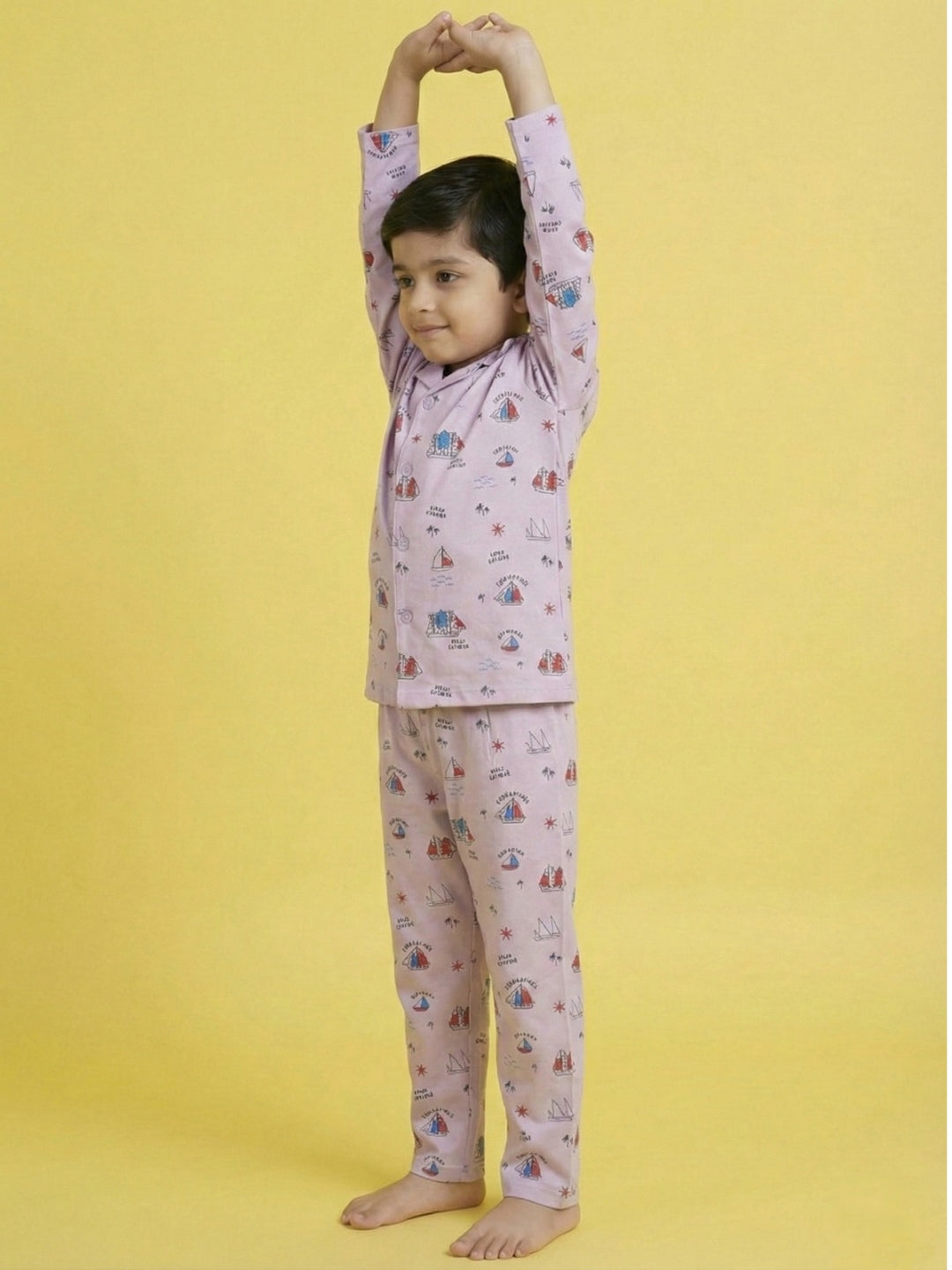 Onion Pink Graphic Printed Full Sleeves Nightsuit for Boys