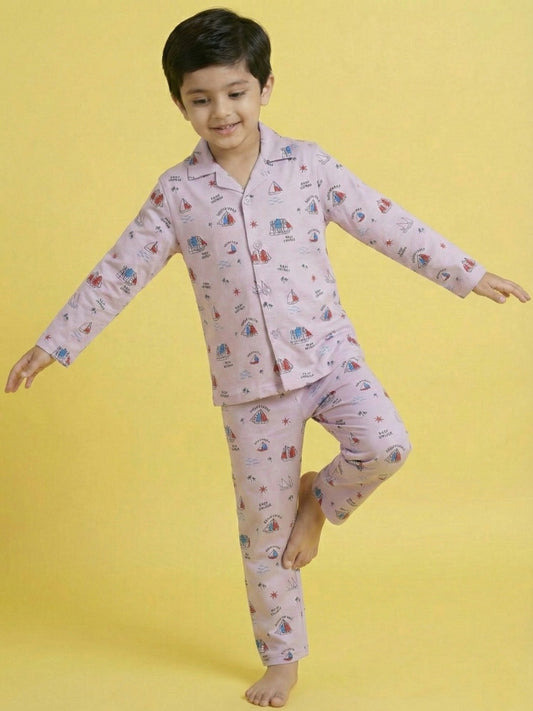 Onion Pink Graphic Printed Full Sleeves Nightsuit for Boys