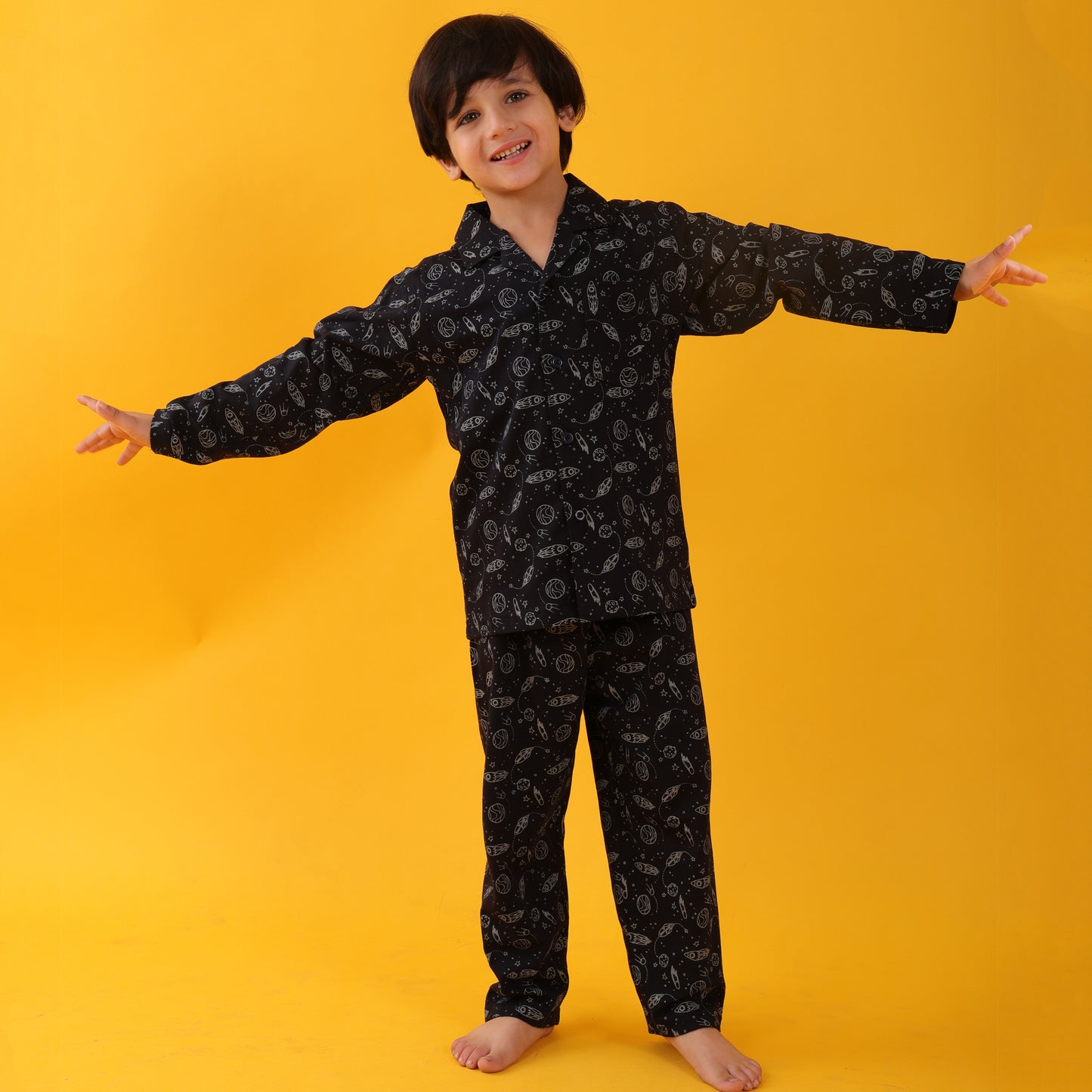 Hosiery Navy / Dark Galaxy Printed Full Sleeves Cotton kids Night Suit Set image 5