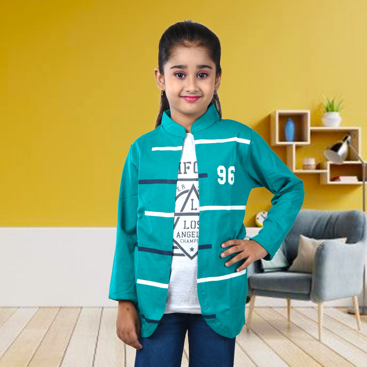 Green /Printed Full Sleeves Pure Cotton Girls T-shirt Attached with Shrug image 2