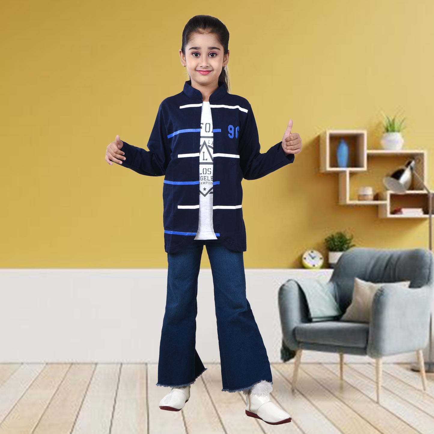 Navy Blue /Printed Full Sleeves Pure Cotton Girls T-shirt Attached with Shrug image 4