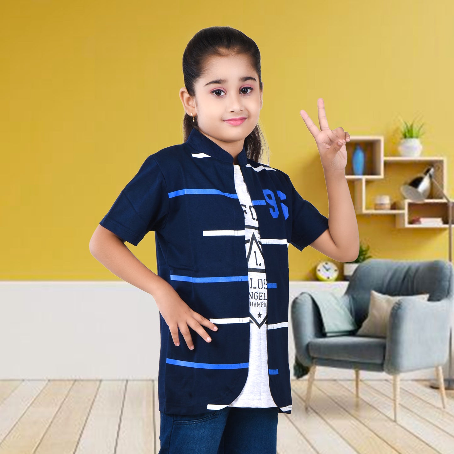Navy Blue /Printed Half Sleeves Pure Cotton Girls T-shirt Attached with Shrug image 2