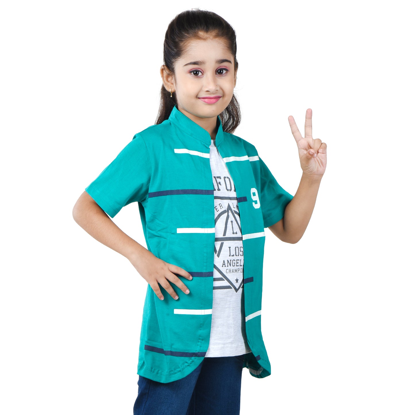 Jam & Sugar Girls Cotton Printed T-Shirt with Attached Shrug Jacket (Rama Green) image 2